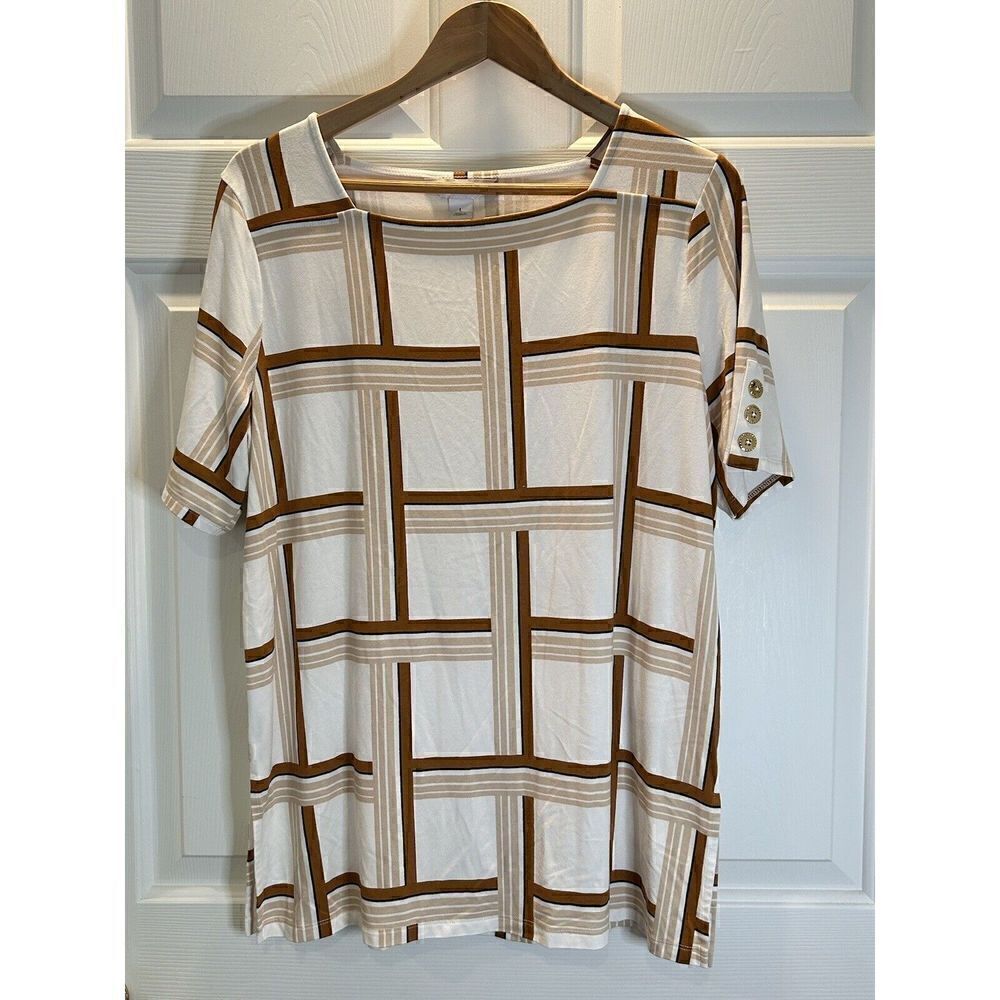 Liz Claiborne Blouse Top Women's Size Large Cream, Beige  & Brown Gold Buttons